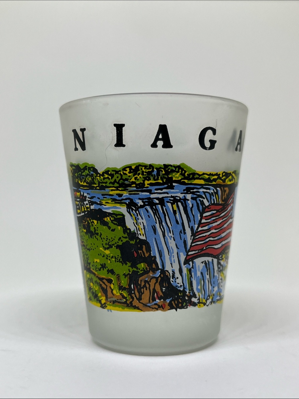 Frosted Glass Niagara FallsShot Glass with USA and Canada Flags - White/Red/Blue - Picture 2 of 6